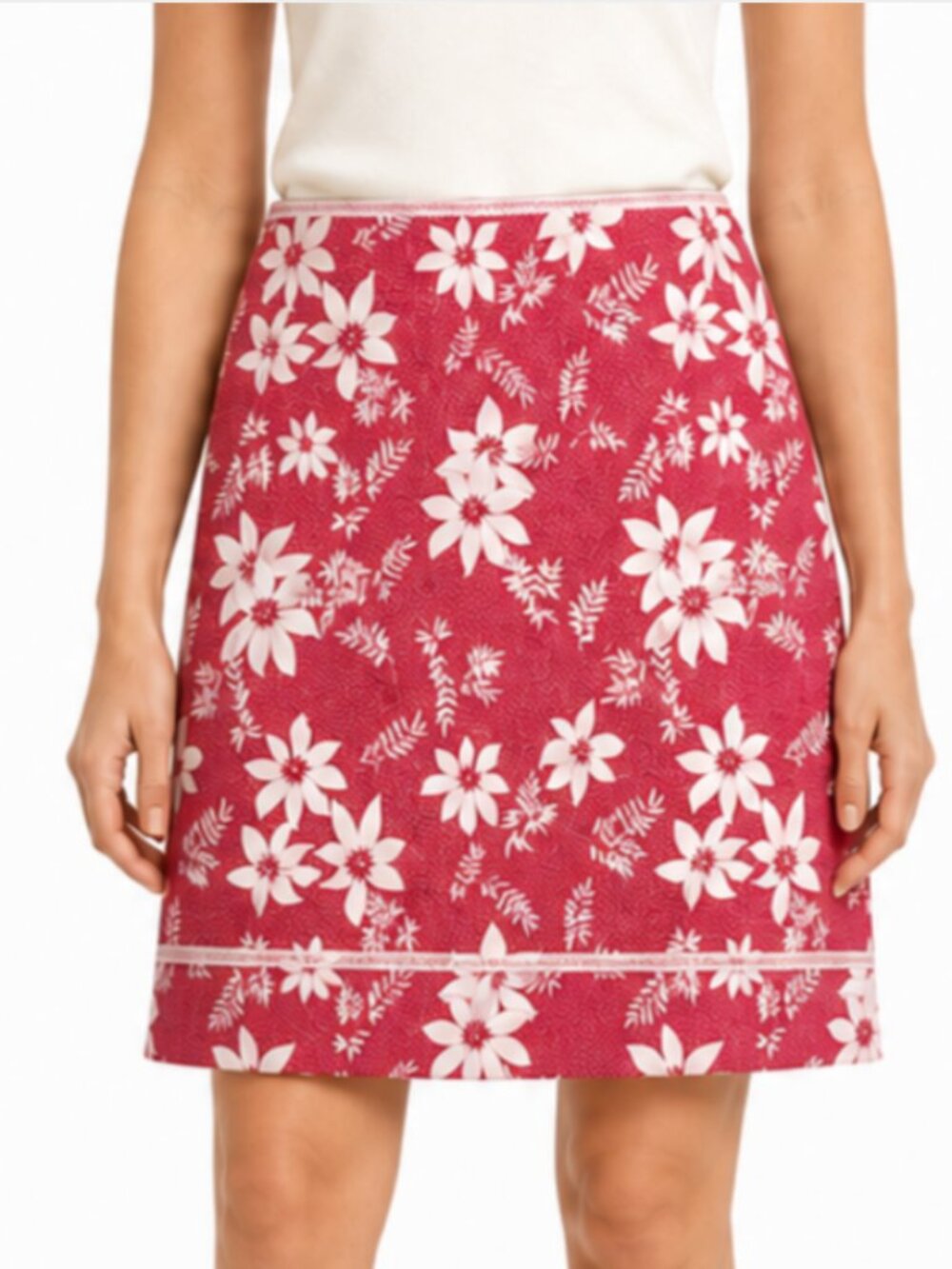 Christopher & Banks Size 12 Red Floral A-Line Knee Length Stretch Cotton Skirt